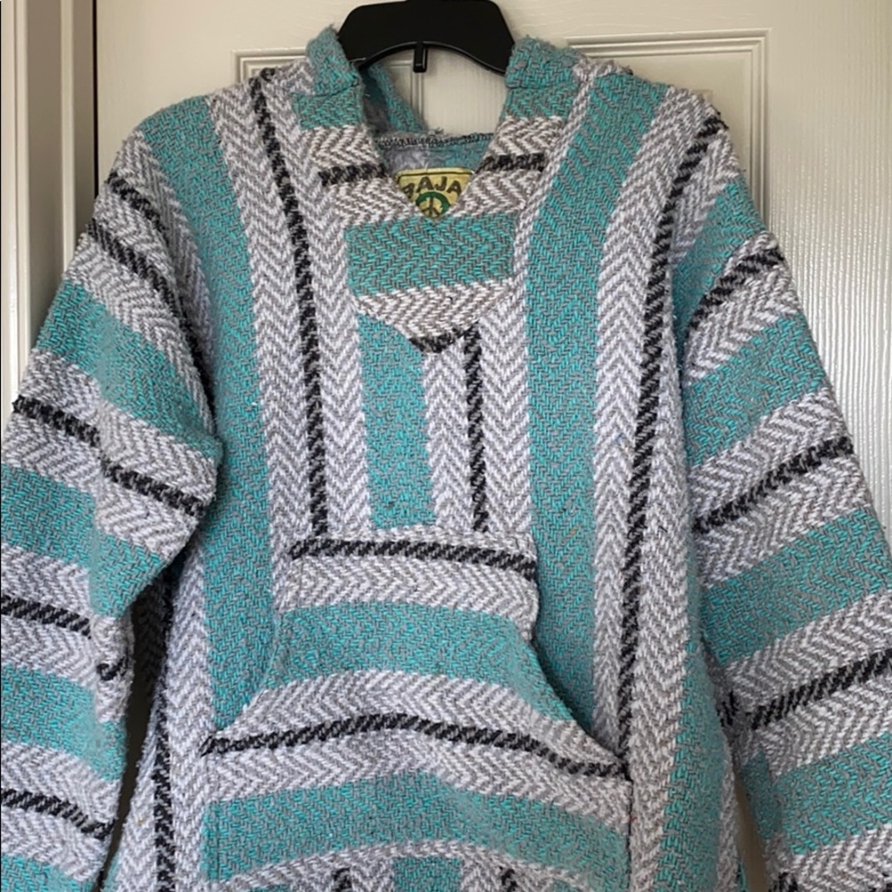 Teal and white Baja joe hoodie
